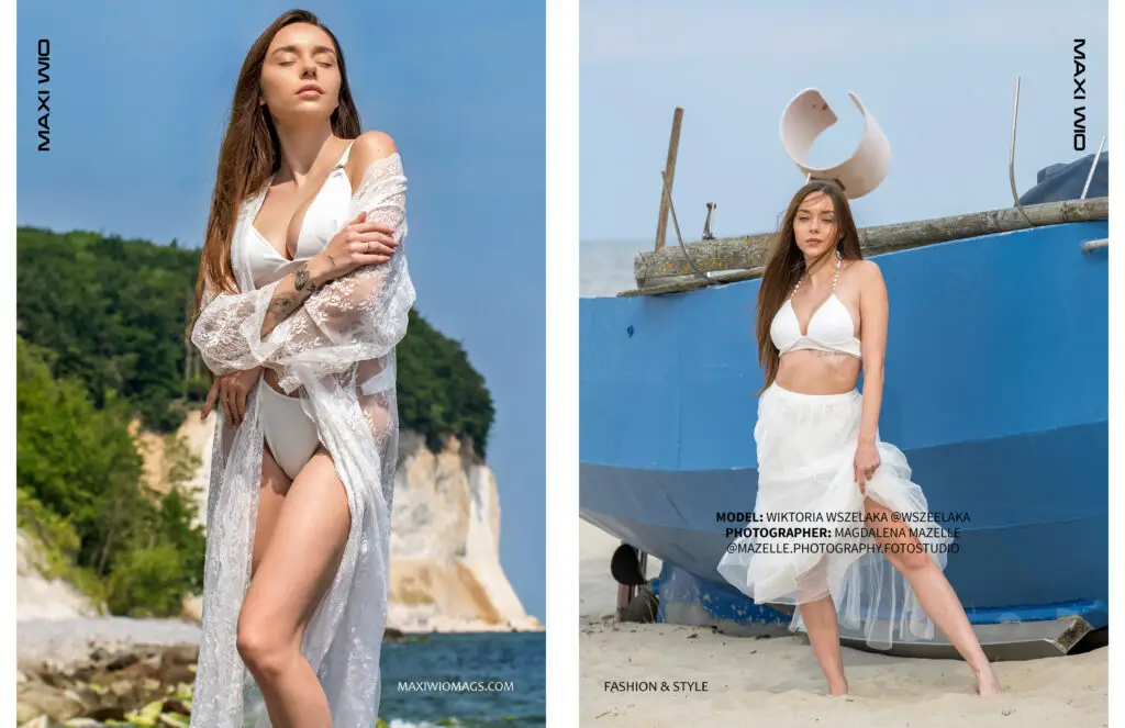 Ein exklusives Modelshooting vor einem Schiff und den berühmten Kreidefelsen auf Rügen – fotografiert von Mazelle Photography Fotostudio® und im August 2025 auf Anfrage mit Genehmigung in der englischen Zeitschrift WIO Mags (Maxi Wio Mags) veröffentlicht. Weitere ausdrucksstarke Bilder von Mazelle Photography zeigen die Schönheit der Insel Rügen und die kreative Vielfalt internationaler Fotografie