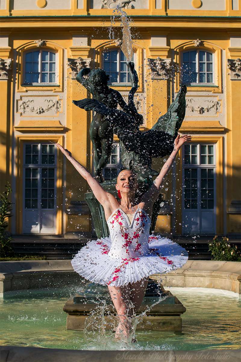 Eine elegante Ballerina präsentiert ihren Tanz im Springbrunnen vor dem Schloss Wilanów in Warschau. Umgeben vom Beifall der Besucher und eingefangen vom Porträtfotografen des Mazelle Photography Fotostudio®, entsteht ein magischer Moment voller Anmut und Emotion. Das goldene Abendlicht verleiht der Szene eine märchenhafte Atmosphäre.